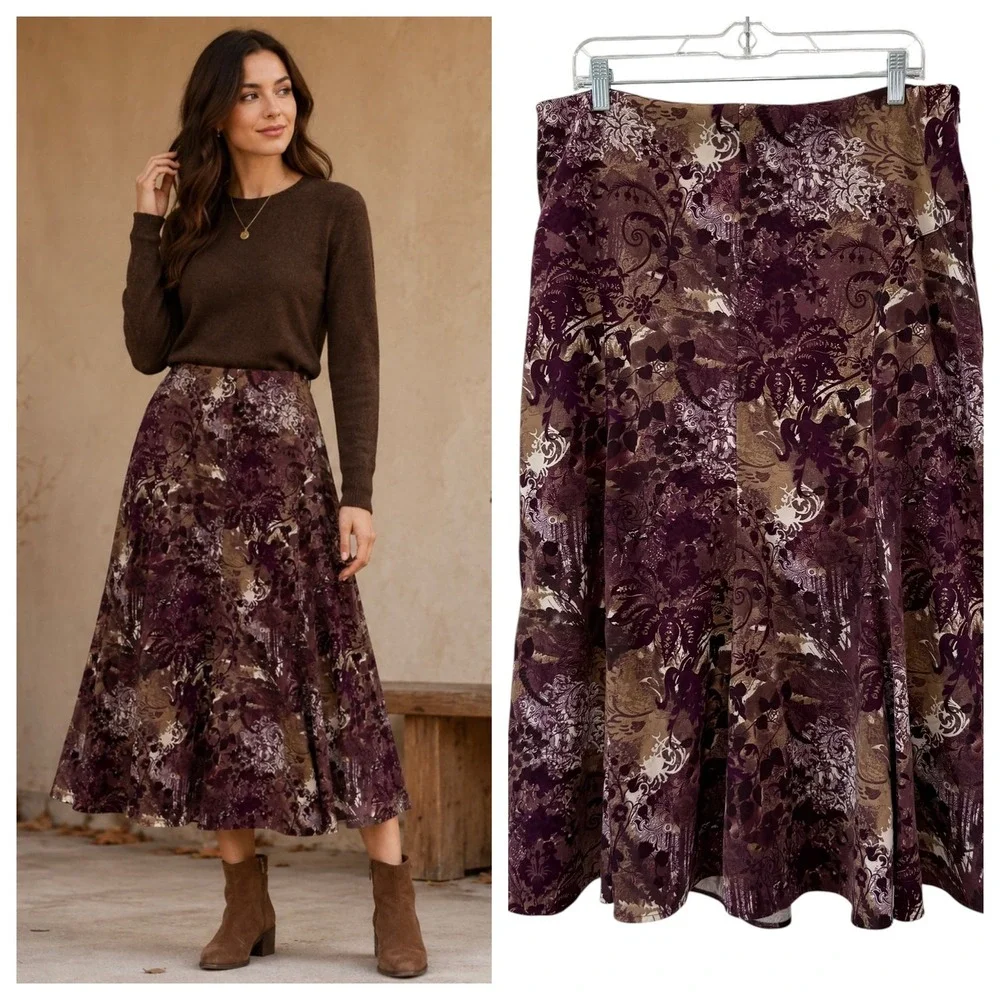 Vintage Fall Vibes Purple Paisley Boho Midi Skirt 14 Floral Stretch Velvet Suede